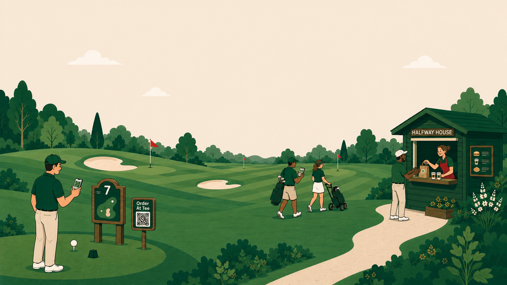 A golfer scanning a QR code on the 7th tee sign, a pair ordering on their phone as they walk the fairway, and a third collecting a bag of food and two coffees at the halfway house.